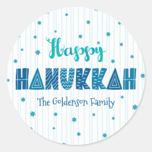 Happy Hanukkah Whimsical Turquoise Typography Name Classic Round Sticker