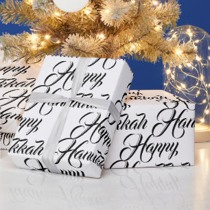 Happy Hanukkah white black modern elegant script Wrapping Paper