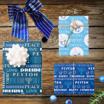 Happy Hanukkah White Blue Childs Name Typography Wrapping Paper Sheet<br><div class="desc">Add your child's name to this cute white on blue Happy Hanukkah typography wrapping paper for a personalized touch to your Festival of Lights. Sheet One features a mix of fun fonts in various shades of light blue and white on a background of rich dark ocean blue. Nestled in among...</div>