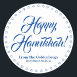 Happy Hanukkah white blue custom script text  Classic Round Sticker<br><div class="desc">Happy Hanukkah custom script name text Elegant Hanukkah gift favour tag stickers.
Custom script text,  names and date surrounded by a border made of Stars of David,  Magen David.
Blue custom text on white background.</div>