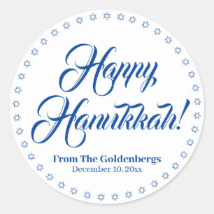 Happy Hanukkah white blue custom script text  Classic Round Sticker