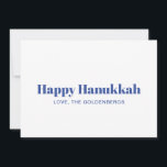 Happy Hanukkah white blue minimalist custom text Holiday Card<br><div class="desc">Happy Hanukkah blue and white modern typography minimalist simple elegant personalized Hanukkah Holiday Card.
Fully customizable blue text on white background.</div>