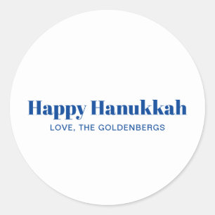 Happy Hanukkah white blue minimalist personalized Classic Round Sticker