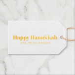 Happy Hanukkah white blue minimalist personalized Gift Tags<br><div class="desc">Happy Hanukkah foil typography simple minimalist modern Hanukkah personalized Gift Tags.
Fully customizable gold foil text, available in kraft or white paper and blue back.</div>