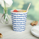 Happy Hanukkah white blue modern typography Paper Cups<br><div class="desc">Happy Hanukkah blue and white modern typography pattern Hanukkah party Paper Cups.
Blue text pattern on white background.</div>
