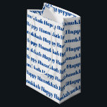 Happy Hanukkah white blue modern typography Small Gift Bag<br><div class="desc">Happy Hanukkah blue and white modern typography pattern gift bag.
Blue text pattern on white background.</div>