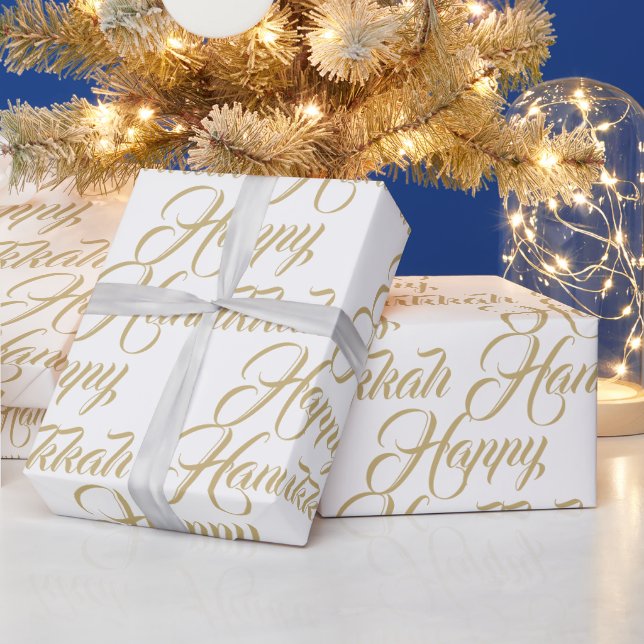 Happy Hanukkah white gold modern elegant script Wrapping Paper (Holidays)