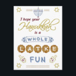 Happy Hanukkah Whole Latke Fun Funny Postcard<br><div class="desc">These Hanukkah postcards feature the humourous phrase, "I hope your Hanukkah is a whole latke fun." They include drawings of dreidels, a menorah, the Star of David and more embellishments. The colour palette is grey-blue, marsala red, gold and brown on white.</div>