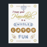 Happy Hanukkah Whole Latke Fun Funny Postcard<br><div class="desc">These Hanukkah postcards feature the humourous phrase,  "I hope your Hanukkah is a whole latke fun." They include drawings of dreidels,  a menorah,  the Star of David and more embellishments. The colour palette is grey-blue,  marsala red,  gold and brown on white.</div>
