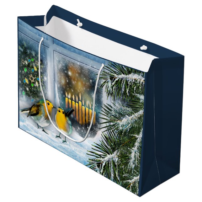 Happy Hanukkah. Winter Scene Painting Large Gift Bag (Front Angled)