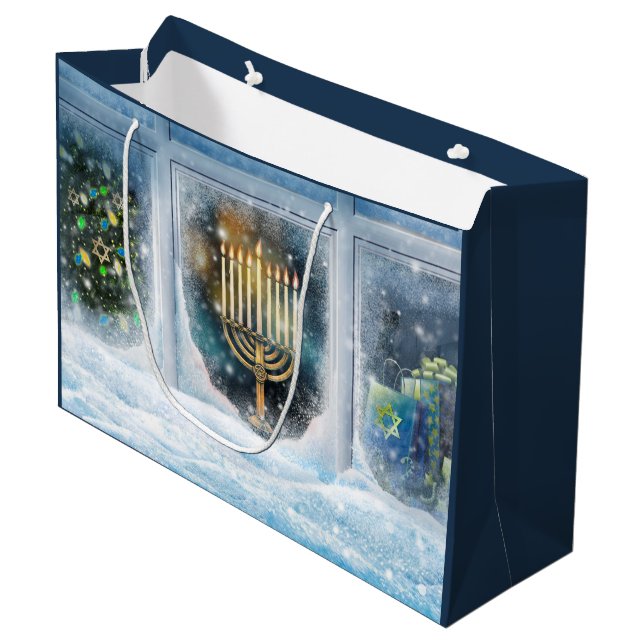 Happy Hanukkah. Winter Scene with Menorah Large Gift Bag (Front Angled)