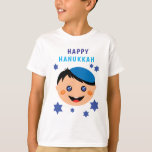 Happy Hanukkah, with boy wearing yarmulke T-Shirt<br><div class="desc">Happy Hanukkah with Jewish boy wearing blue Yarmulke. Blue Stars of David in a background. Great as a gift for a children to wear during Hanukkah.
Wishing you happy Hanukkah!</div>