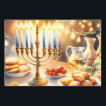 Happy Hanukkah Wrapping Paper Sheet<br><div class="desc">Hanukkah watercolor illustration. A beautifully arranged table set for a festive celebration,  featuring a traditional menorah with lit candles. Soft,  warm light,  while holiday decorations add a touch of cheer. Warm lights creating a cozy,  inviting atmosphere.</div>