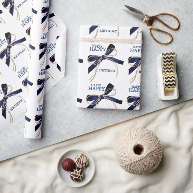 Happy Happy Birthday Kraft Blue Bows Wrapping Pape Wrapping Paper (Crafts)