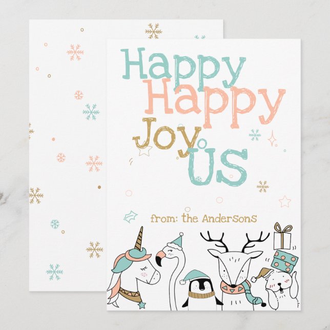 Happy Happy Joy oUs Cartoon Critters Christmas Invitation (Front/Back)
