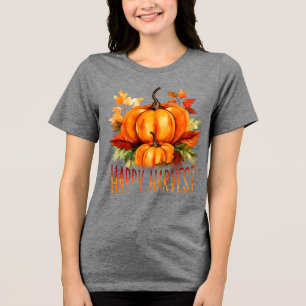 "Happy Harvest" Watercolor Pumpkin & Fall Leaves Tri-Blend Shirt