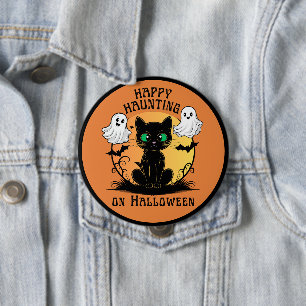 Happy Haunting Black Cat Halloween 4" Button