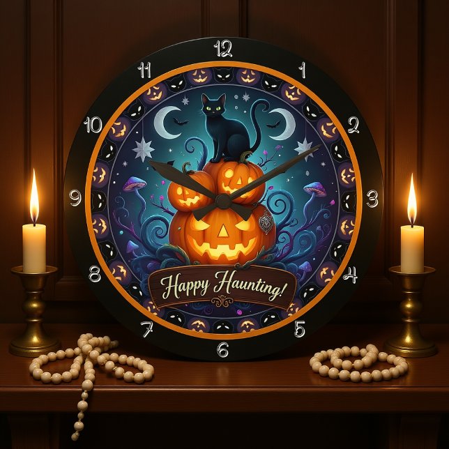 Happy Haunting Black Cat Pumpkin Large Clock (Creator Uploaded)