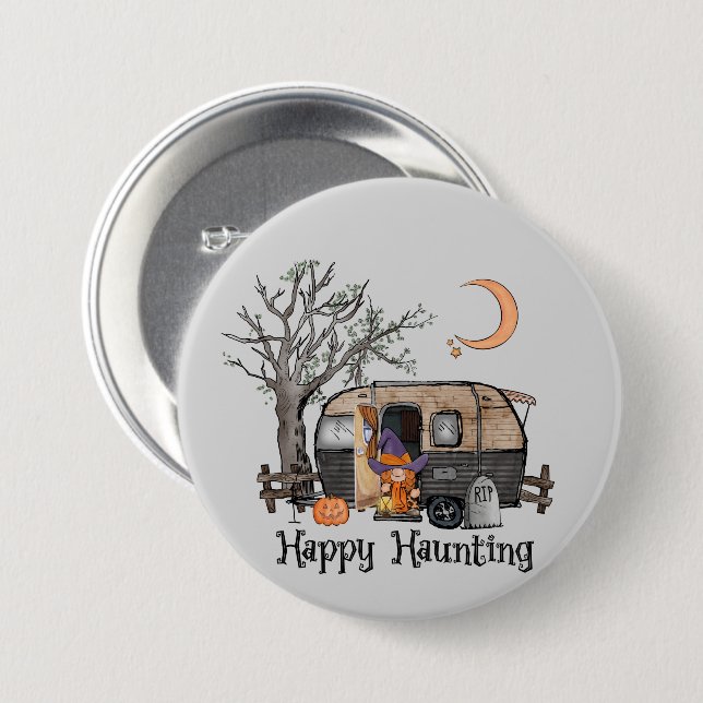Happy Haunting – Spooky Witch and Camper Van 3 Inch Round Button (Front & Back)