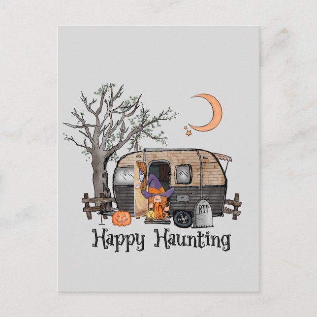 Happy Haunting – Spooky Witch and Camper Van Postcard (Front)