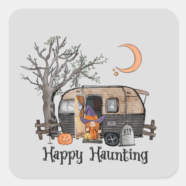 Happy Haunting – Spooky Witch and Camper Van Square Sticker (Front)
