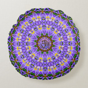 Happy Healing Purple Yellow Mandala OM Yoga Round Pillow