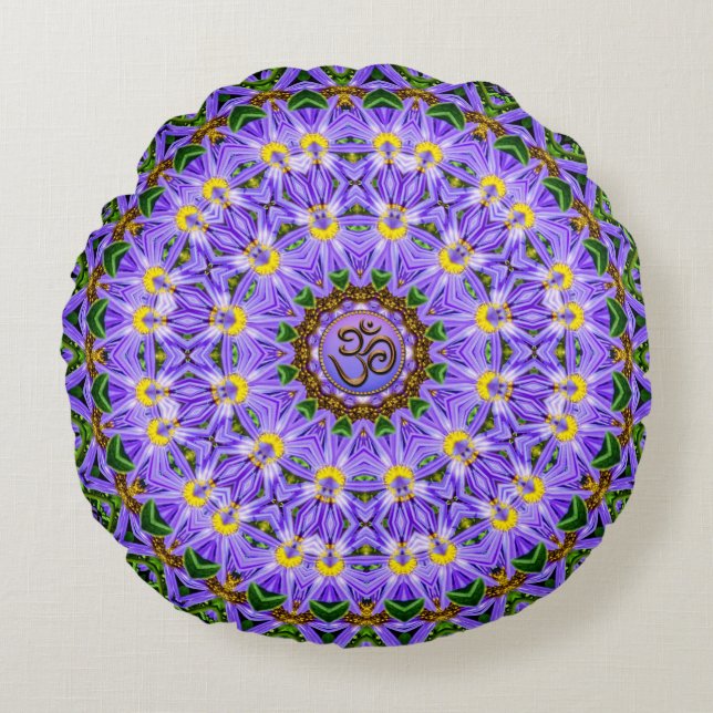 Happy Healing Purple Yellow Mandala OM Yoga Round Round Pillow (Front)