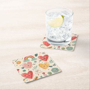 Happy Hearts - Whimsical Valentine's Day Pattern Square Paper Coaster