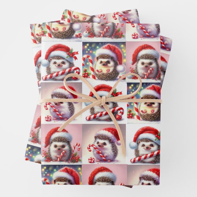 Happy Hedgehog Candy Cane Christmas Gift Wrap (In situ)