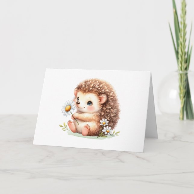 Happy Hedgehog with Daisies Cute Blank Greeting Card (Front)