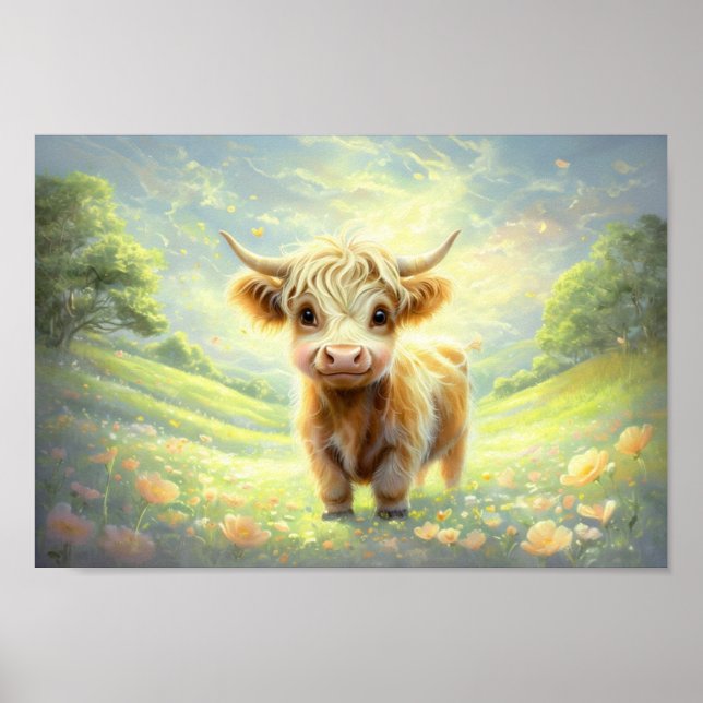 Happy Highland Cow Surrounded By Vibrant Blossoms Poster (Front)