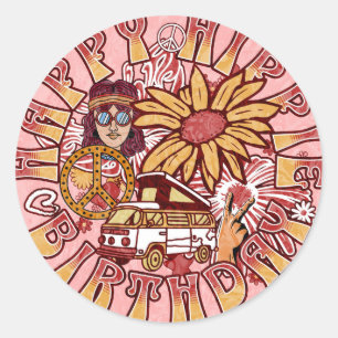 Happy Hippie Birthday Retro Colours Classic Round Sticker