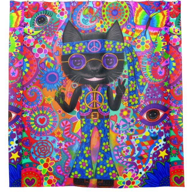 Happy Hippie Cat Sunglasses Peace Sign Flower (Front)