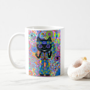 Happy Hippie Cat Sunglasses Peace Sign Flower Coffee Mug
