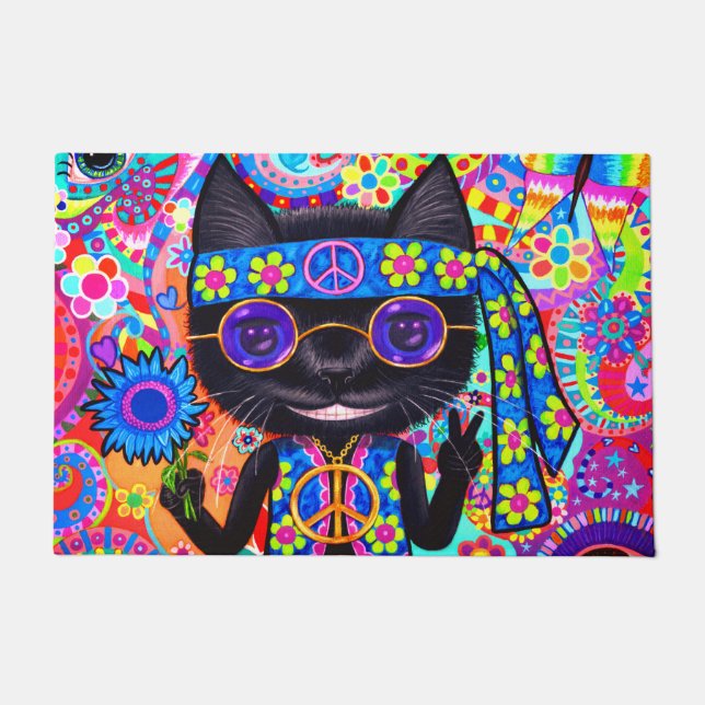 Happy Hippie Cat Sunglasses Peace Sign Flower Doormat (Front)