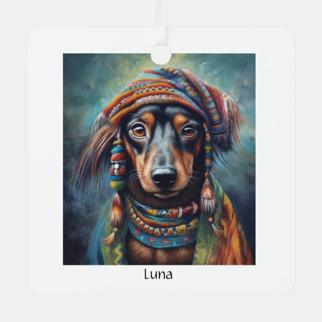 Happy Hippie Dachshund customizable Metal Ornament (Front)