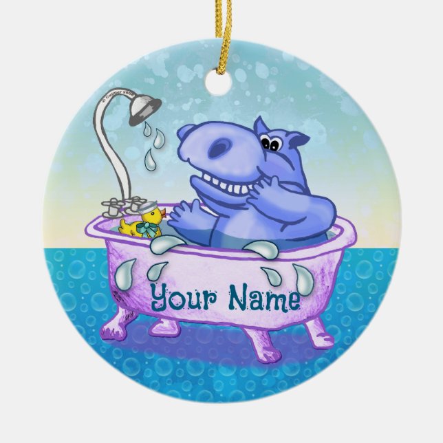 Happy Hippo Bath Ceramic Ornament (Front)