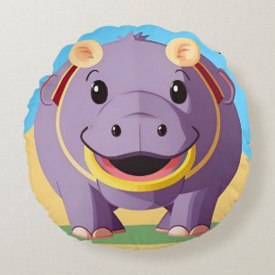Happy Hippo Character Round Pillow