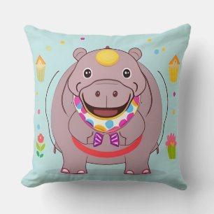 Happy Hippo Character with Festive Decorations Throw Pillow
