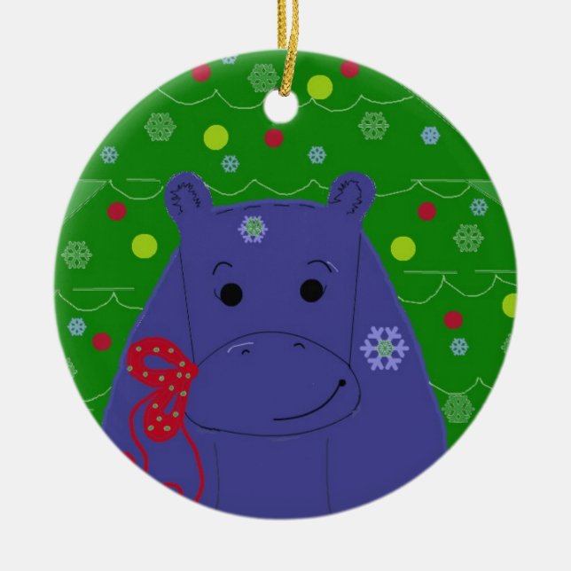 Happy Hippo Christmas Design Ceramic Ornament (Front)