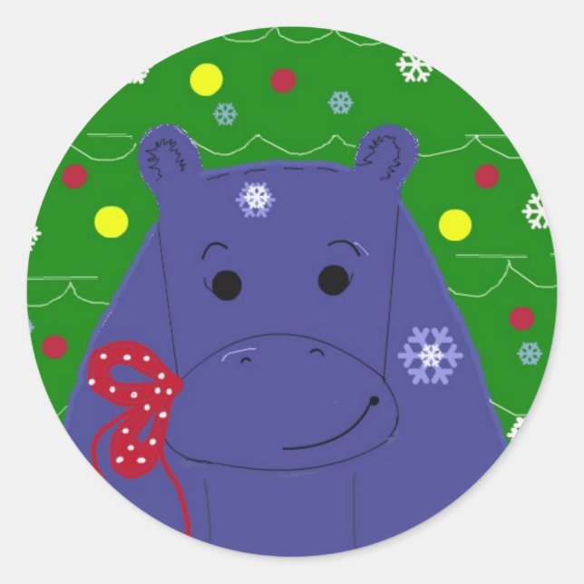 Happy Hippo Christmas Design Classic Round Sticker (Front)