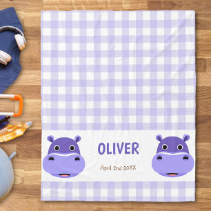 Happy Hippo Face Purple Gingham Fleece Blanket