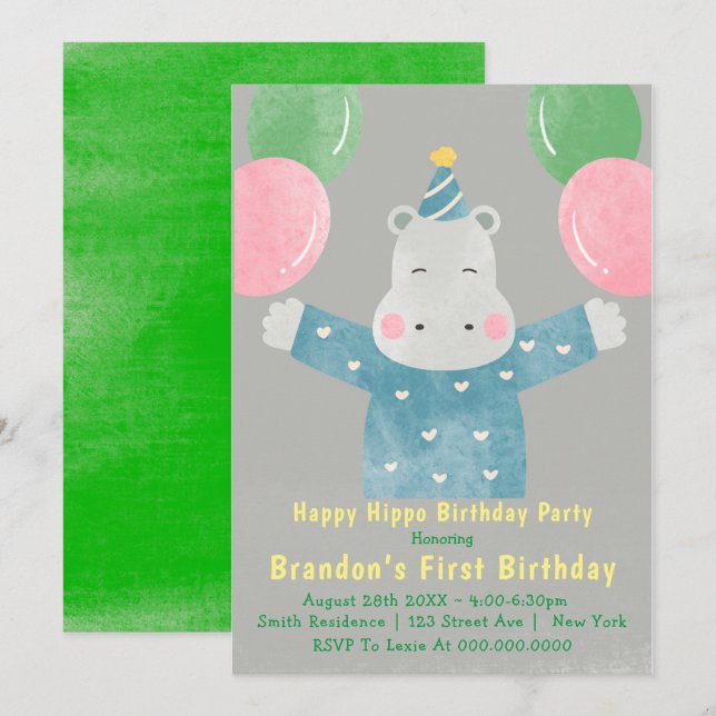 Happy Hippo First Birthday Invitations  (Front/Back)