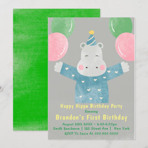 Happy Hippo First Birthday Invitations 