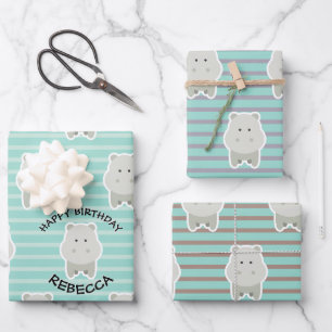 Happy Hippo Stripes Birthday Name Wrapping Paper Sheet