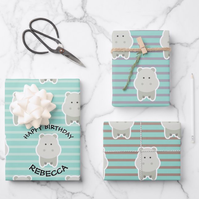 Happy Hippo Stripes Birthday Name Wrapping Paper Sheet (Front)