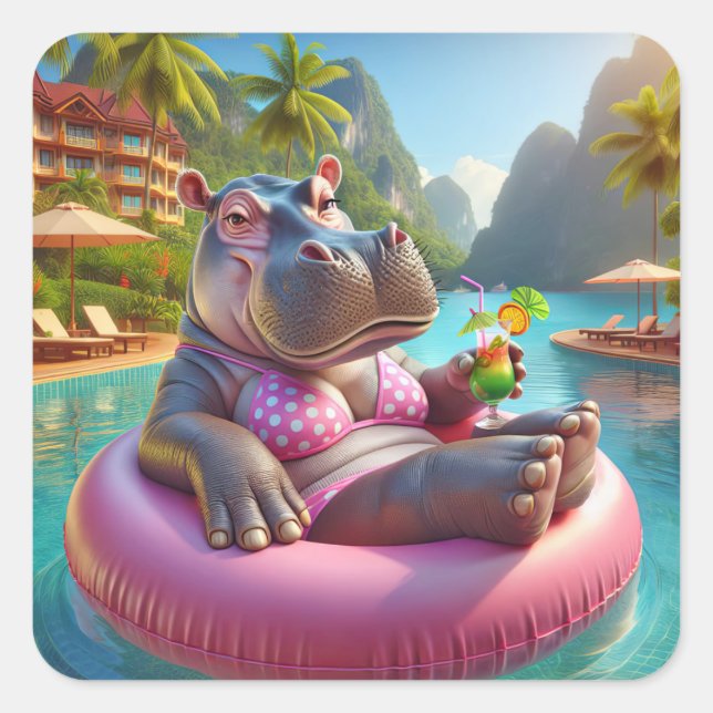 Happy Hippo With Drink Square Sticker (Front)