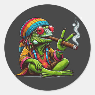 Happy Hippy Iguana Smoking Cigar Art Classic Round Sticker