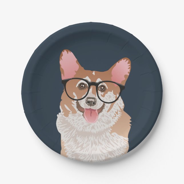 Happy Hipster Pembroke Welsh Corgi Paper Plate (Front)