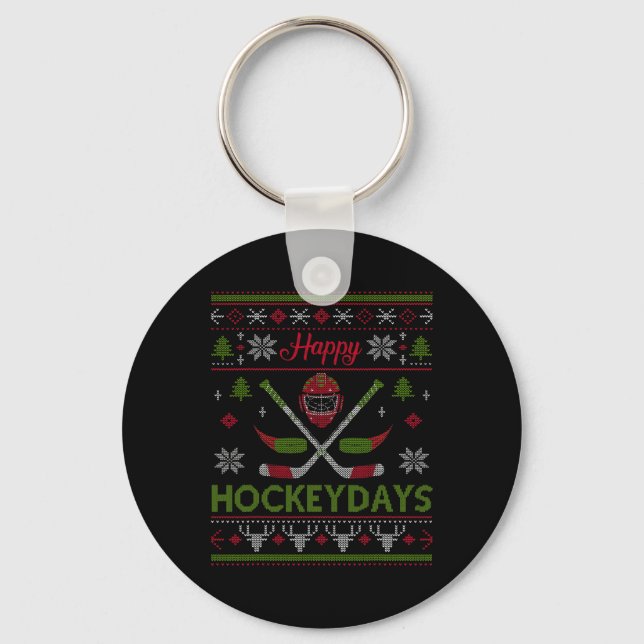 Happy Hockeydays Cool Hockey Christmas Wearing Out Keychain (Front)